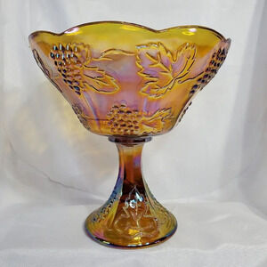 Indiana Carnival Glass Iridescent Gold Marigold Compote Bowl Harvest Grapes 8.5"